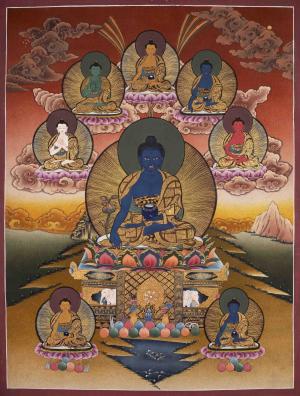 Original Hand Painted Thangka Of Medicine Buddha Followed By 5 Dhyani Buddhas